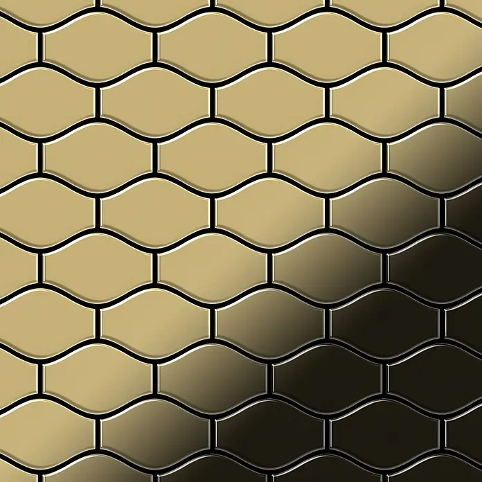 ALLOY Mosaikfliese Mosaik Fliese massiv Metall Titan hochglänzend gold 1,6mm stark Karma-Ti-GM - 329 x 301 mm, Gold, Hochglänzend - Goldene Metallmosaikfliesen mit gewellten Kanten und dunklem Fugenmörtel.