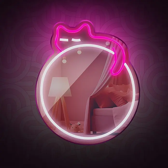 Lámpara decorativa Mirror Sleeping Cat - 4,8 W, 32 x 40 cm, Interruptor, Espejo Gato - Letrero de neón rosa de gato en marco circular blanco, iluminando un acogedor dormitorio rosa con cama y lámpara.