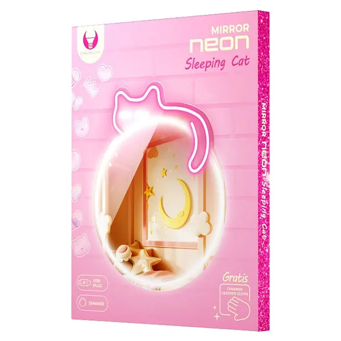 Lámpara decorativa Mirror Sleeping Cat - 4,8 W, 32 x 40 cm, Interruptor, Espejo Gato - Caja rosa para una luz de neón de espejo 'Sleeping Cat', con enchufe USB y funciones de atenuación, incluye un paño de gamuza.
