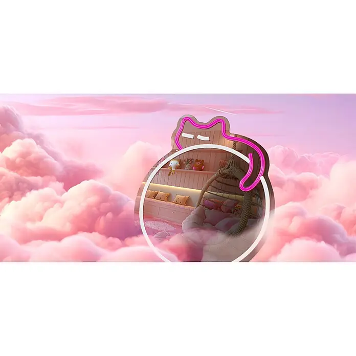 Lámpara decorativa Mirror Sleeping Cat - 4,8 W, 32 x 40 cm, Interruptor, Espejo Gato - Un marco de neón rosa en forma de gato muestra una acogedora habitación infantil con banco y silla colgante, sobre nubes rosas.