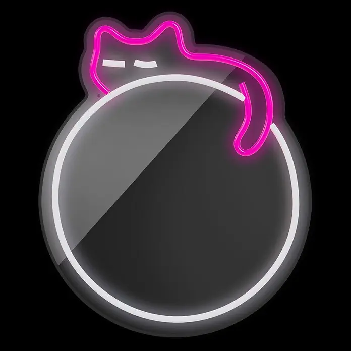 Lámpara decorativa Mirror Sleeping Cat - 4,8 W, 32 x 40 cm, Interruptor, Espejo Gato - Cartel de neón rosa con gato descansando sobre un círculo de neón blanco con centro gris oscuro brillante.