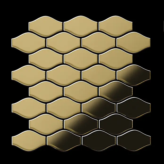 ALLOY Mosaikfliese Mosaik Fliese massiv Metall Titan hochglänzend gold 1,6mm stark Karma-Ti-GM - 329 x 301 mm, Gold, Hochglänzend - Goldene Mosaikfliesen mit geschwungenen Kanten.
