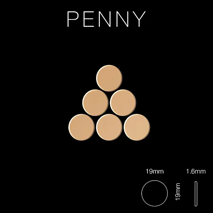 ALLOY Mosaikfliese Mosaik Fliese massiv Titan hochglänzend kupfer 1,6mm stark Penny-Ti-AM - 302 x 316 mm, Bronze, Hochglänzend - Text 'PENNY' über sechs hellbraunen, 19mm runden Scheiben pyramidenförmig angeordnet, mit Durchmesser- und Dickenangaben.