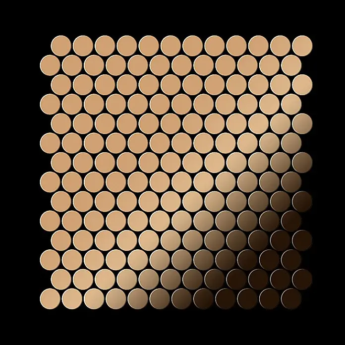 ALLOY Mosaikfliese Mosaik Fliese massiv Titan hochglänzend kupfer 1,6mm stark Penny-Ti-AM - 302 x 316 mm, Bronze, Hochglänzend - Metallische Rundmosaikfliesen mit einem Farbverlauf von Beige zu Dunkelbronze.