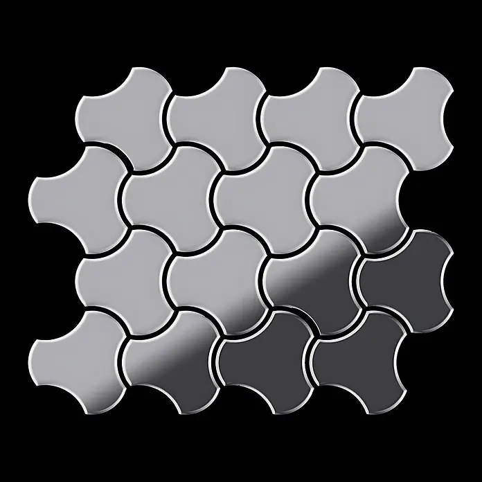 ALLOY Mosaikfliese Mosaik Fliese massiv Metall Edelstahl marine hochglanz grau Ubiquity-S-S-MM - 270 x 325 mm, Grau, Silber, Blau, Hochglänzend - Glänzende, ineinandergreifende vierlappige Fliesen in Grau- und Silbertönen.