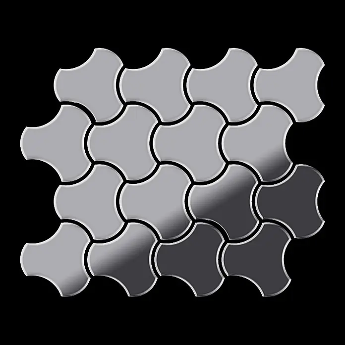 ALLOY Mosaikfliese Mosaik Fliese massiv Metall Edelstahl marine hochglanz grau Ubiquity-S-S-MM - 270 x 325 mm, Grau, Silber, Blau, Hochglänzend - Verbundpflastersteine in Hell- und Dunkelgrau, die eine gemusterte Fläche bilden.