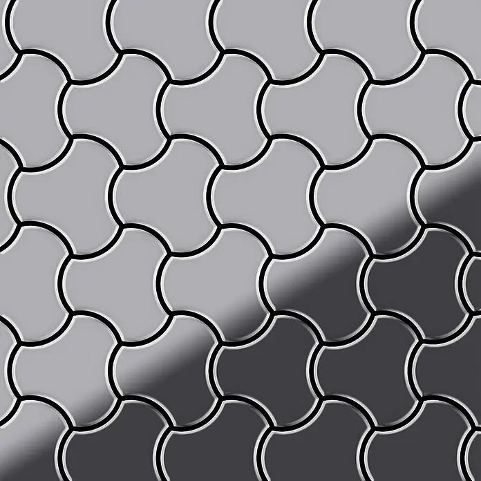 ALLOY Mosaikfliese Mosaik Fliese massiv Metall Edelstahl marine hochglanz grau Ubiquity-S-S-MM - 270 x 325 mm, Grau, Silber, Blau, Hochglänzend - Graue ineinandergreifende Pflastersteine in Puzzleform, mit einem Farbverlauf von hell- zu dunkelgrau.