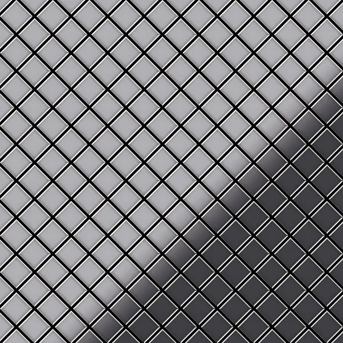 ALLOY Mosaikfliese Mosaik Fliese massiv Metall Edelstahl hochglanz grau 1,6mm Diamond-S-S-M - 319 x 319 mm, Grau, Silber, Hochglänzend - Glänzende, rautenförmige Fliesen in hell- bis dunkelgrauem Farbverlauf, die eine reflektierende Oberfläche bilden.
