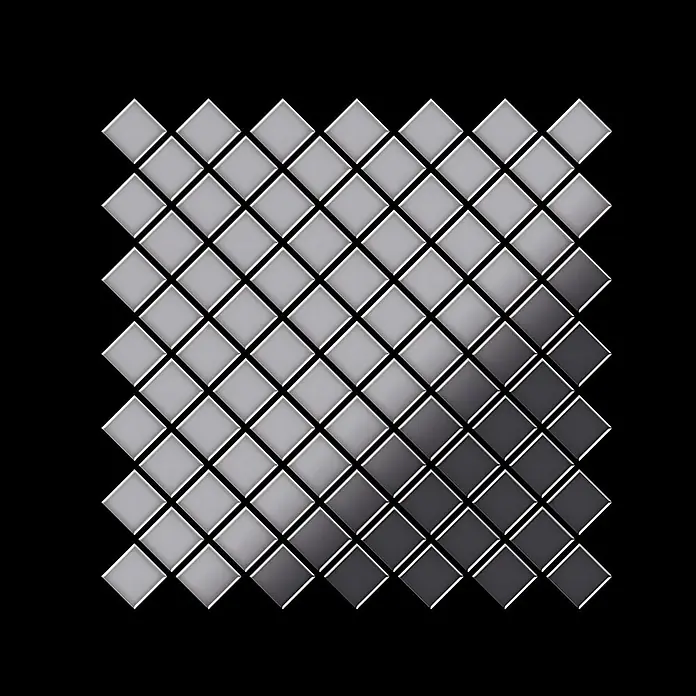 ALLOY Mosaikfliese Mosaik Fliese massiv Metall Edelstahl hochglanz grau 1,6mm Diamond-S-S-M - 319 x 319 mm, Grau, Silber, Hochglänzend - Glänzende silber-graue quadratische Mosaikfliesen in einem Farbverlauf von hell nach dunkel.
