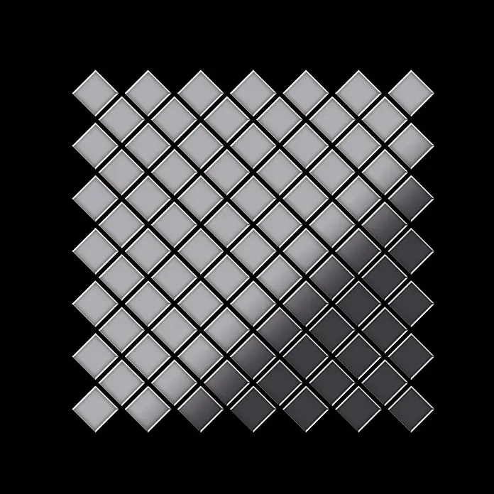 ALLOY Mosaikfliese Mosaik Fliese massiv Metall Edelstahl hochglanz grau 1,6mm Diamond-S-S-M - 319 x 319 mm, Grau, Silber, Hochglänzend - Metallische quadratische Mosaikfliesen mit Farbverlauf von hellem Silber zu Dunkelgrau.