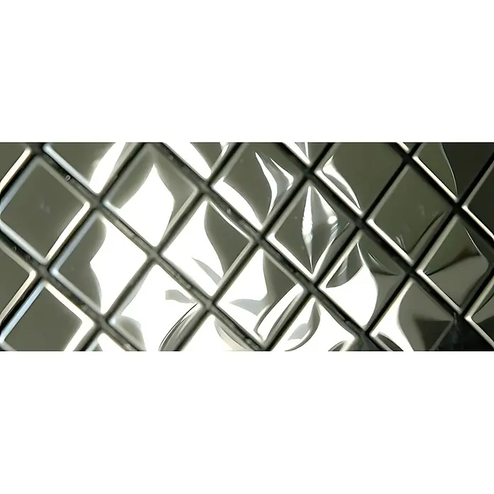 ALLOY Mosaikfliese Mosaik Fliese massiv Metall Edelstahl hochglanz grau 1,6mm Diamond-S-S-M - 319 x 319 mm, Grau, Silber, Hochglänzend - Glänzendes, helles Material mit erhabenem Rautensteppmuster und starken Reflexionen.