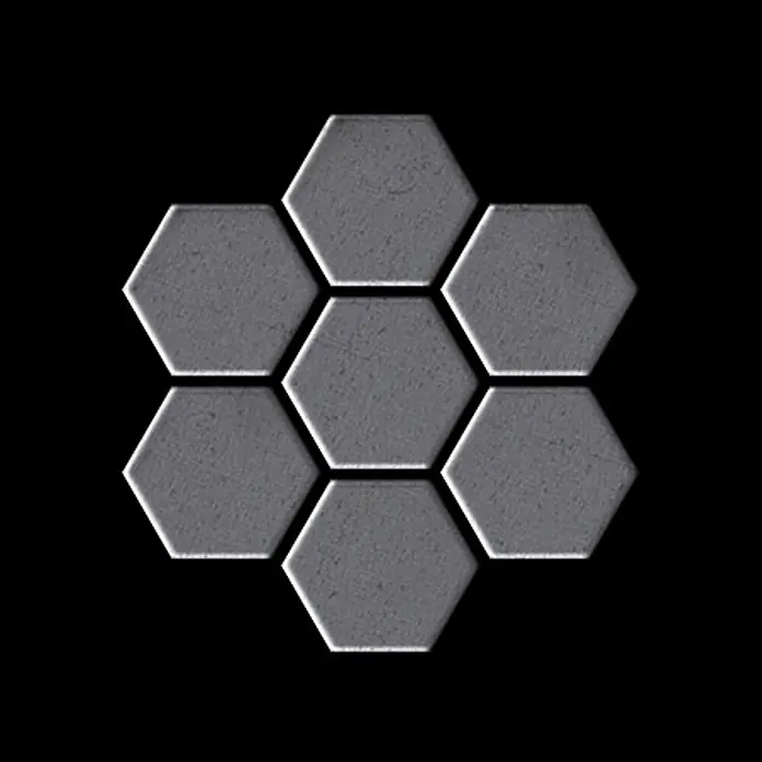 ALLOY Mosaikfliese Mosaik Fliese massiv Metall Rohstahl gewalzt grau 1,6mm stark Honey-RS - 329 x 332 mm, Grau, Sonstiges - Sieben graue, texturierte sechseckige Fliesen in Wabenmuster angeordnet.