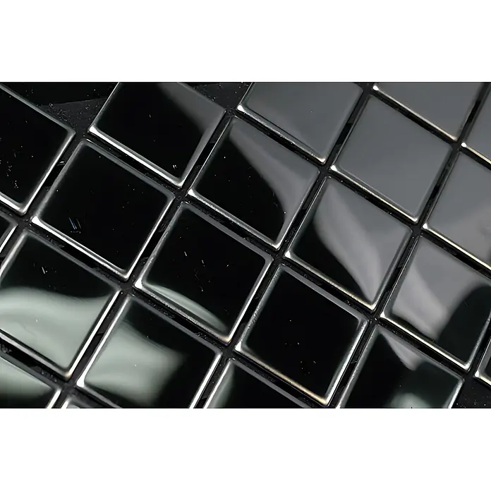 ALLOY Mosaikfliese Mosaik Fliese massiv Metall Edelstahl hochglanz grau 1,6mm Diamond-S-S-M - 319 x 319 mm, Grau, Silber, Hochglänzend - Schwarze, glänzende quadratische Mosaikfliesen, die Licht reflektieren.