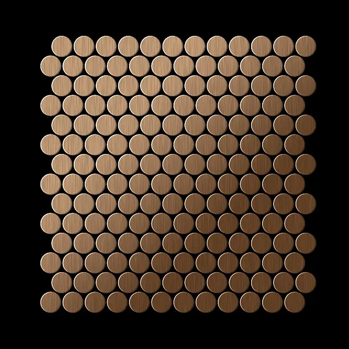 ALLOY Mosaikfliese Mosaik Fliese massiv Metall Titan gebürstet kupfer 1,6mm stark Penny-Ti-AB - 302 x 316 mm, Bronze, Sonstiges - Gebürstete bronzefarbene Metall-Penny-Round-Mosaikfliesen auf einer Platte.