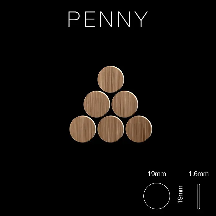 ALLOY Mosaikfliese Mosaik Fliese massiv Metall Titan gebürstet kupfer 1,6mm stark Penny-Ti-AB - 302 x 316 mm, Bronze, Sonstiges - Sechs runde, holzgemaserte Spielsteine, 19mm Durchmesser und 1.6mm dick, pyramidenförmig angeordnet.