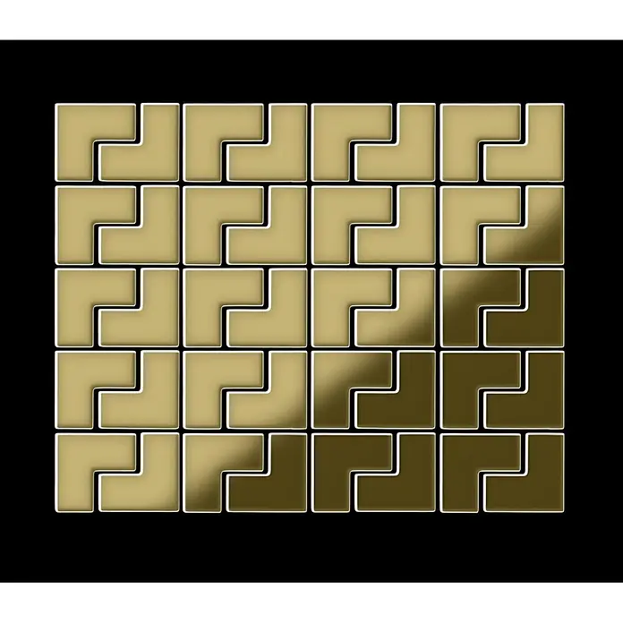 ALLOY Mosaikfliese Mosaik Fliese massiv Metall Messing gewalzt gold 1,6mm stark Kink-BM - 307 x 304 mm, Gold, Sonstiges - Gitter aus polierten, goldenen L-förmigen Fliesen in einem Muster angeordnet.
