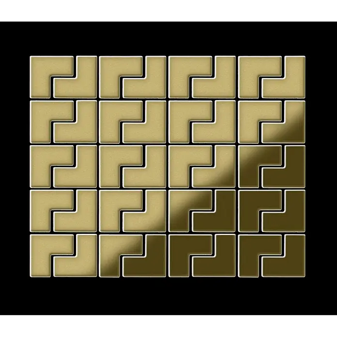 ALLOY Mosaikfliese Mosaik Fliese massiv Metall Messing gewalzt gold 1,6mm stark Kink-BM - 307 x 304 mm, Gold, Sonstiges - Gitter aus goldfarbenen L-förmigen Puzzleteilen mit einem Bronzefarbverlauf.