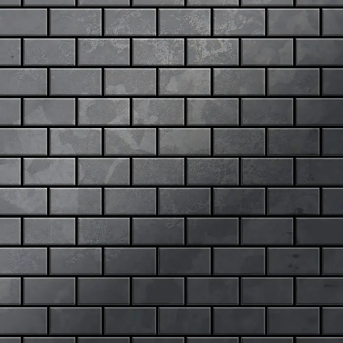 ALLOY Mosaikfliese Mosaik Fliese massiv Metall Rohstahl gewalzt grau 1,6mm stark House-RS - 318 x 307 mm, Grau, Sonstiges - Dunkelgraue, texturierte U-Bahn-Fliesen in klassischem versetztem Muster.