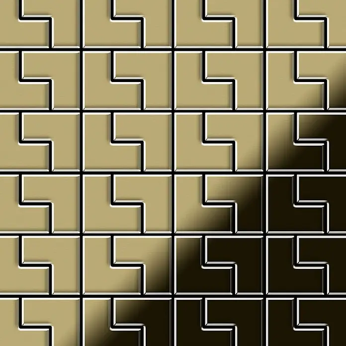 ALLOY Mosaikfliese Mosaik Fliese massiv Metall Messing gewalzt gold 1,6mm stark Kink-BM - 307 x 304 mm, Gold, Sonstiges - Nahtloses Muster aus geprägten L-förmigen Fliesen in Hellbraun- und Dunkelbrauntönen.