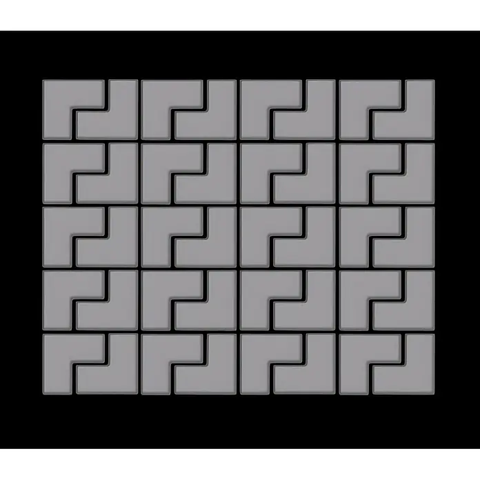 ALLOY Mosaikfliese Mosaik Fliese massiv Metall Edelstahl matt grau 1,6mm stark Kink-S-S-MA - 307 x 304 mm, Grau, Silber, Matt - Hellgraue, L-förmige, ineinandergreifende Fliesen im 5x5-Gitter, bilden ein Quadratmuster mit dunklen Umrissen.