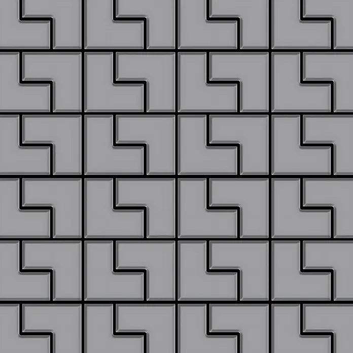 ALLOY Mosaikfliese Mosaik Fliese massiv Metall Edelstahl matt grau 1,6mm stark Kink-S-S-MA - 307 x 304 mm, Grau, Silber, Matt - Nahtloses Muster aus grauen, ineinandergreifenden L-förmigen Fliesen mit dunklen Fugen.
