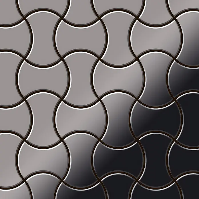 ALLOY Mosaikfliese Mosaik Fliese massiv Metall Titan hochglanz dunkelgrau 1,6mm Infinit-Ti-SM - 322 x 322 mm, Schwarz, Grau, Hochglänzend - Nahtlose graue ineinandergreifende Geometriefliesen mit Farbverlauf und dunklen Umrissen.