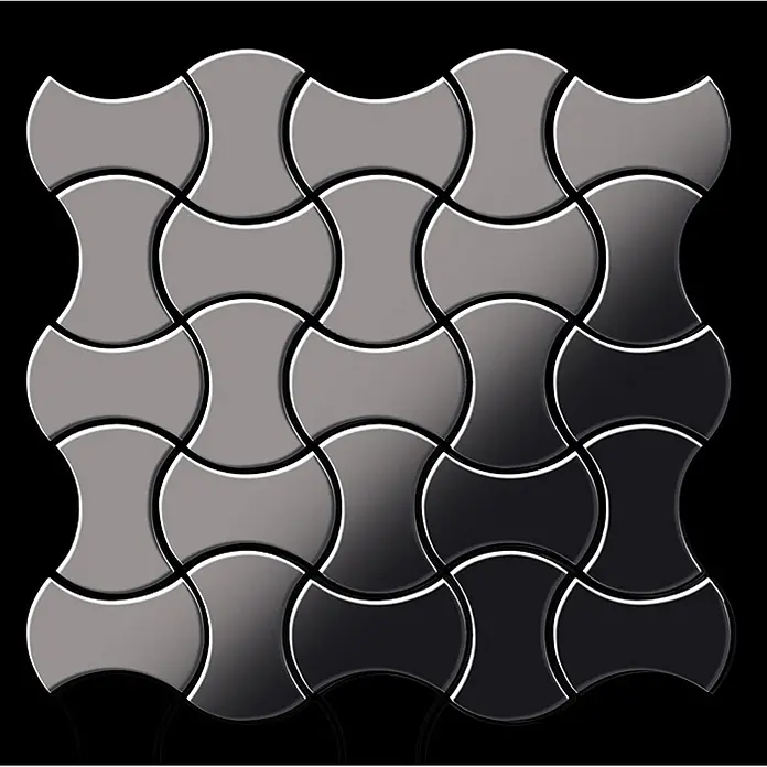 ALLOY Mosaikfliese Mosaik Fliese massiv Metall Titan hochglanz dunkelgrau 1,6mm Infinit-Ti-SM - 322 x 322 mm, Schwarz, Grau, Hochglänzend - Glänzende, ineinandergreifende geometrische Fliesen in Grau und Schwarz.