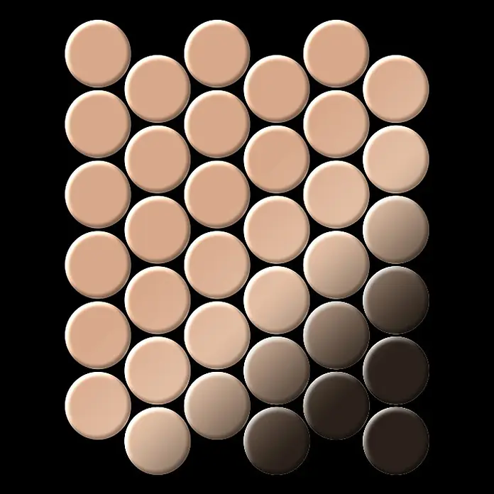 ALLOY Mosaikfliese Mosaik Fliese massiv Metall Kupfer gewalzt kupfer 1,6mm stark Dome-CM - 313 x 256 mm, Bronze, Sonstiges - Make-up-Pans in einem Farbverlauf von hellem Beige zu Dunkelbraun angeordnet.
