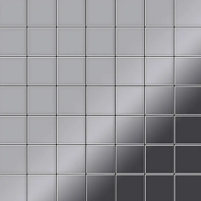 ALLOY Mosaikfliese Mosaik Fliese massiv Edelstahl hochglänzend grau 1,6mm stark Attica-S-S-M - 295 x 295 mm, Grau, Silber, Hochglänzend - Graue quadratische Fliesen in einem Verlaufsdesign, von hell nach dunkel.