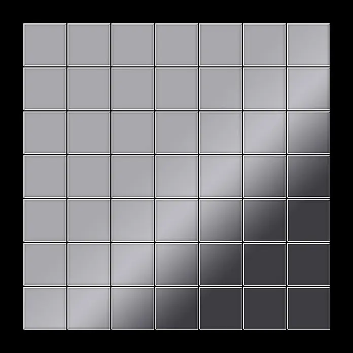 ALLOY Mosaikfliese Mosaik Fliese massiv Edelstahl hochglänzend grau 1,6mm stark Attica-S-S-M - 295 x 295 mm, Grau, Silber, Hochglänzend - Graue, glänzende quadratische Fliesen in einem Raster mit diagonalem Hell-Dunkel-Verlauf.