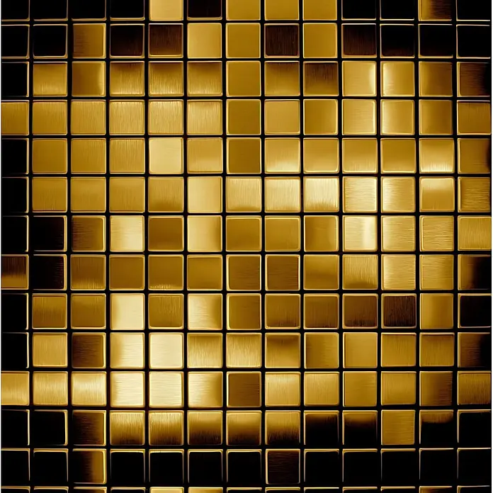 ALLOY Mosaikfliese Mosaik Fliese massiv Metall Titan gebürstet gold 1,6mm stark Mosaic-Ti-GB - 322 x 322 mm, Gold, Sonstiges - Texturierte goldene Metallquadrate in einem Raster, mit wechselndem Licht und Schatten.