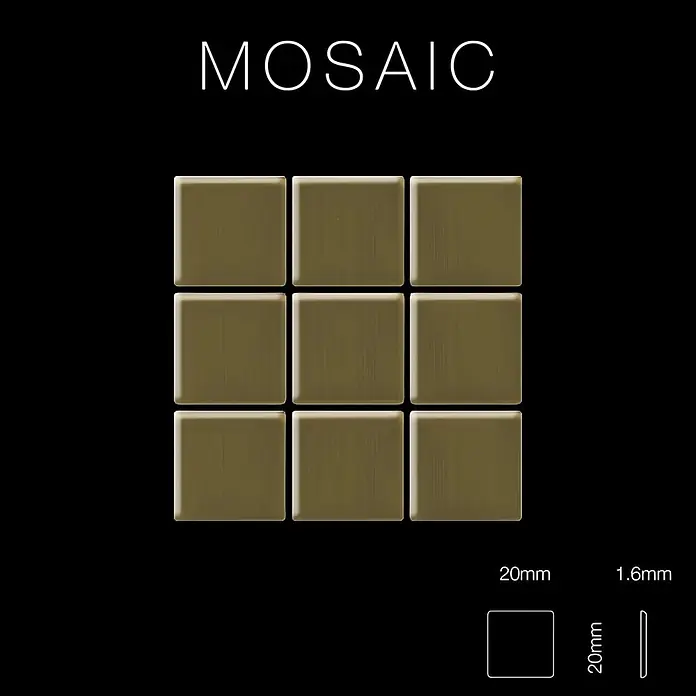 ALLOY Mosaikfliese Mosaik Fliese massiv Metall Titan gebürstet gold 1,6mm stark Mosaic-Ti-GB - 322 x 322 mm, Gold, Sonstiges - Neun quadratische goldmetallic Mosaikfliesen, 20x20mm und 1.6mm dick, mit gebürsteter Oberfläche.