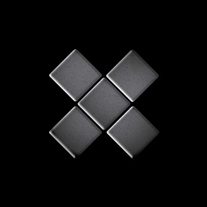 ALLOY Mosaikfliese Mosaik Fliese massiv Metall Rohstahl gewalzt grau 1,6mm stark Diamond-RS - 319 x 319 mm, Grau, Sonstiges - Fünf graue, texturierte quadratische Fliesen mit abgerundeten Kanten, die ein „X“-Muster bilden.