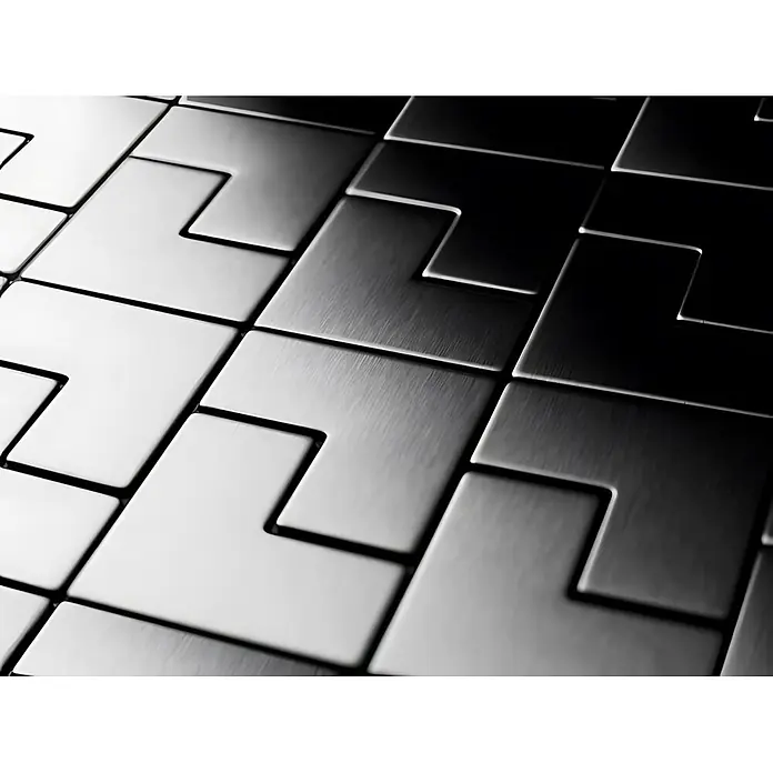 ALLOY Mosaikfliese Mosaik Fliese massiv Edelstahl marine hochglanz grau 1,6mm Kink-S-S-MM - 307 x 304 mm, Grau, Silber, Blau, Hochglänzend - Ineinandergreifende Fliesen aus gebürstetem Metall in Silber-Grau-Tönen, die eine strukturierte Oberfläche bilden.