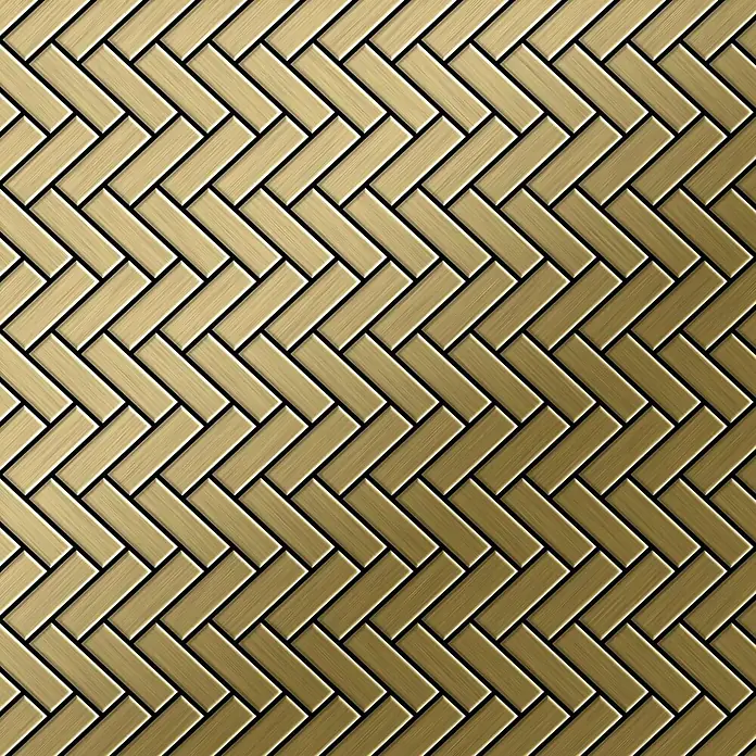 ALLOY Mosaikfliese Mosaik Fliese massiv Titan gebürstet gold 1,6mm stark Herringbone-Ti-GB - 309 x 300 mm, Gold, Sonstiges - Gebürstetes goldfarbenes Fischgrätmuster aus Metall, geeignet für moderne Boden- oder Wandverkleidungen.