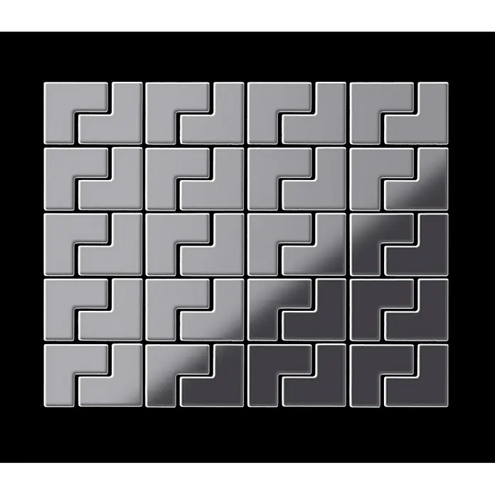 ALLOY Mosaikfliese Mosaik Fliese massiv Edelstahl hochglänzend grau 1,6mm stark Kink-S-S-M - 307 x 304 mm, Grau, Silber, Hochglänzend - Metallisch graue L-förmige Verbundfliesen in einem Gittermuster mit Farbverlauf.