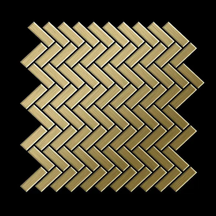 ALLOY Mosaikfliese Mosaik Fliese massiv Titan gebürstet gold 1,6mm stark Herringbone-Ti-GB - 309 x 300 mm, Gold, Sonstiges - Goldene, gebürstete Metallfliesen im Fischgrätmuster.