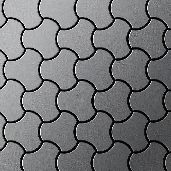 ALLOY Mosaikfliese Mosaik Fliese massiv Edelstahl gebürstet grau 1,6mm stark Ubiquity-S-S-B - 270 x 325 mm, Grau, Silber, Sonstiges - Ineinandergreifende Metallfliesen mit gebürsteter Textur, die ein wiederkehrendes Muster bilden.