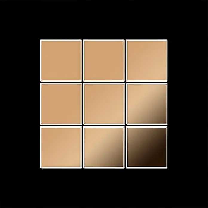 ALLOY Mosaikfliese Mosaik Fliese massiv Titan hochglänzend kupfer 1,6mm stark Century-Ti-AM - 98 x 98 mm, Bronze, Hochglänzend - Neun quadratische Fliesen in einem 3x3-Raster, die einen sanften Farbverlauf von hellem Beige zu Dunkelbraun zeigen.