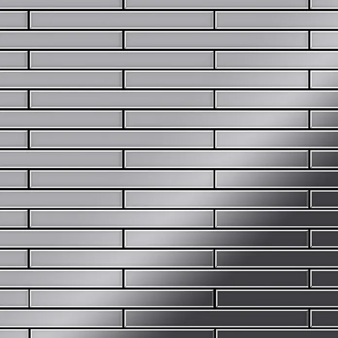 ALLOY Mosaikfliese Mosaik Fliese massiv Edelstahl marine hochglanz grau 1,6mm Avenue-S-S-MM - 289 x 315 mm, Grau, Silber, Blau, Hochglänzend - Silberne rechteckige Metallfliesen mit dunklem Farbverlauf in versetztem horizontalem Muster.