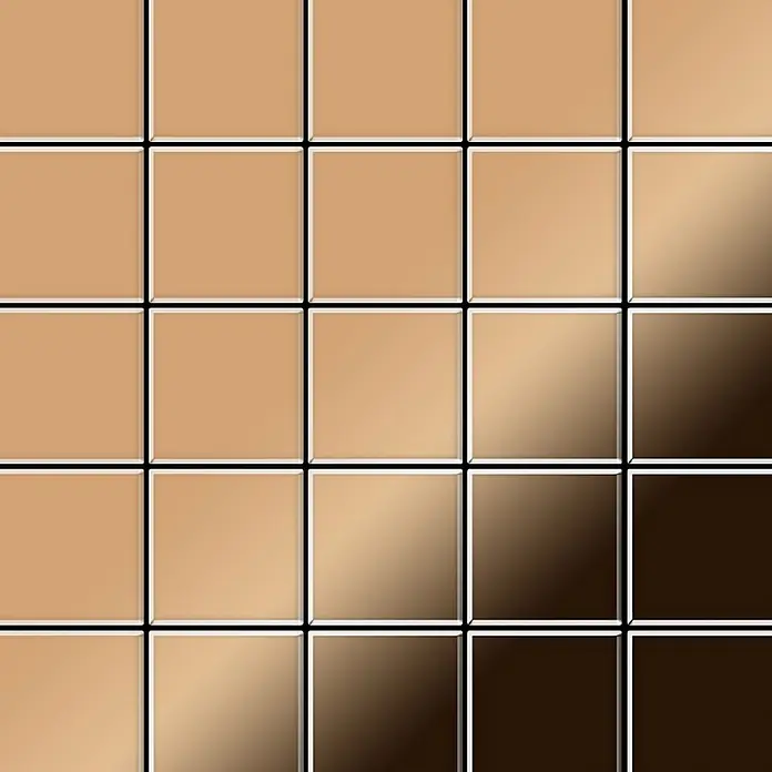 ALLOY Mosaikfliese Mosaik Fliese massiv Titan hochglänzend kupfer 1,6mm stark Century-Ti-AM - 98 x 98 mm, Bronze, Hochglänzend - Ein Raster glänzender quadratischer Fliesen in einem Farbverlauf von hellem Beige zu Dunkelbraun.