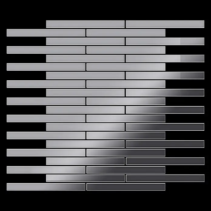 ALLOY Mosaikfliese Mosaik Fliese massiv Edelstahl marine hochglanz grau 1,6mm Avenue-S-S-MM - 289 x 315 mm, Grau, Silber, Blau, Hochglänzend - Glänzende rechteckige Mosaikfliesen in Hell- bis Dunkelgrau-Farbverlauf, horizontal angeordnet.