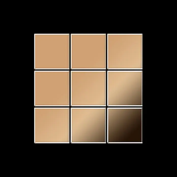 ALLOY Mosaikfliese Mosaik Fliese massiv Titan hochglänzend kupfer 1,6mm stark Century-Ti-AM - 98 x 98 mm, Bronze, Hochglänzend - Ein 3x3-Raster aus neun quadratischen Fliesen, das einen Farbverlauf von hellem Beige zu Dunkelbraun zeigt.