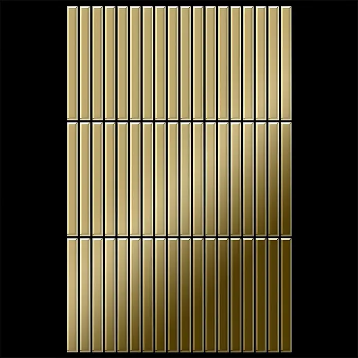 ALLOY Mosaikfliese Mosaik Fliese massiv Titan hochglänzend gold 1,6mm stark Linear-Ti-GM - 316 x 297 mm, Gold, Hochglänzend - Goldene, metallische Rechteck-Mosaikfliesen, vertikal in einem Gittermuster angeordnet.