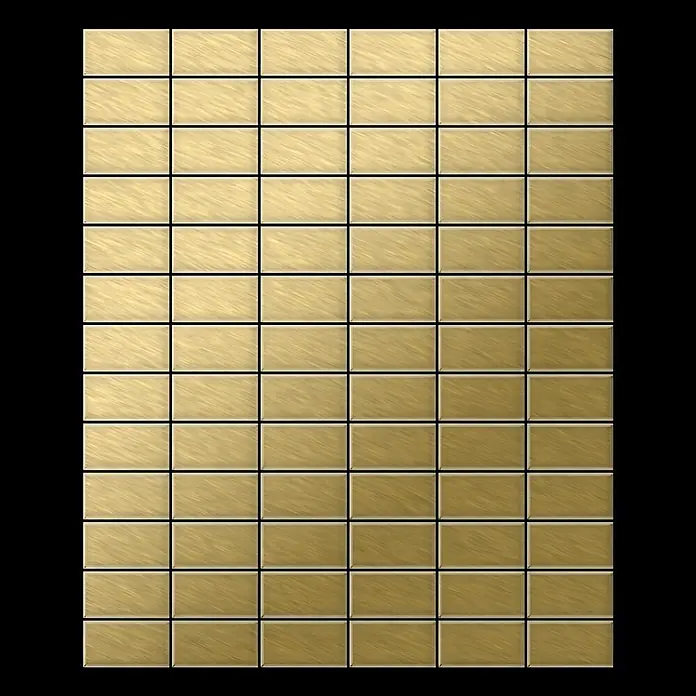 ALLOY Mosaikfliese Mosaik Fliese massiv Metall Titan gebürstet gold 1,6mm stark Bauhaus-Ti-GB - 318 x 329 mm, Gold, Sonstiges - Goldene rechteckige Fliesen mit gebürsteter Metalltextur, in einem Gitter angeordnet.
