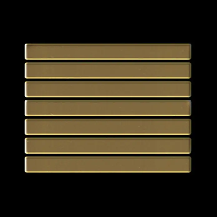 ALLOY Mosaikfliese Mosaik Fliese massiv Titan hochglänzend gold 1,6mm stark Linear-Ti-GM - 316 x 297 mm, Gold, Hochglänzend - Sechs gestapelte goldbraune rechteckige Metallstreifen.