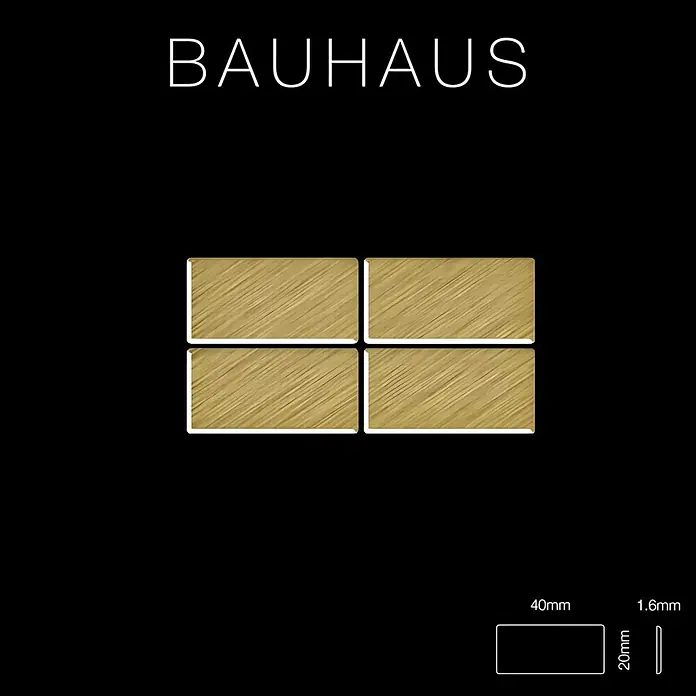 ALLOY Mosaikfliese Mosaik Fliese massiv Metall Titan gebürstet gold 1,6mm stark Bauhaus-Ti-GB - 318 x 329 mm, Gold, Sonstiges - "BAUHAUS" Text über vier rechteckigen Plaketten aus gebürstetem Messing, 40x20x1,6mm.