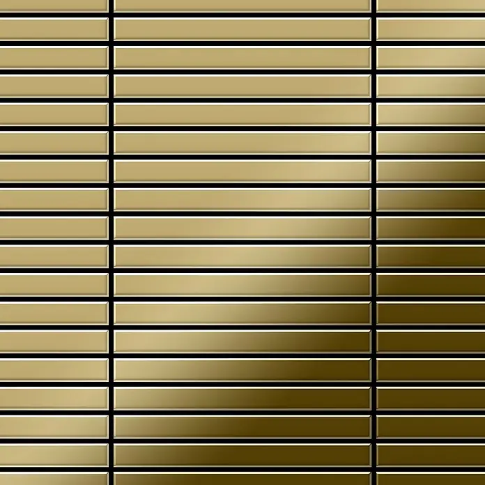ALLOY Mosaikfliese Mosaik Fliese massiv Titan hochglänzend gold 1,6mm stark Linear-Ti-GM - 316 x 297 mm, Gold, Hochglänzend - Muster aus goldenen rechteckigen Fliesen, horizontal angeordnet mit subtilen abgeschrägten Kanten, die eine strukturierte Oberfläche bilden.