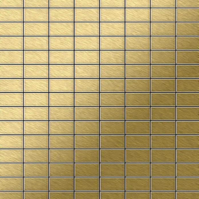 ALLOY Mosaikfliese Mosaik Fliese massiv Metall Titan gebürstet gold 1,6mm stark Bauhaus-Ti-GB - 318 x 329 mm, Gold, Sonstiges - Gebürstete goldene Metallrechteckfliesen, die eine schimmernde Texturoberfläche bilden.