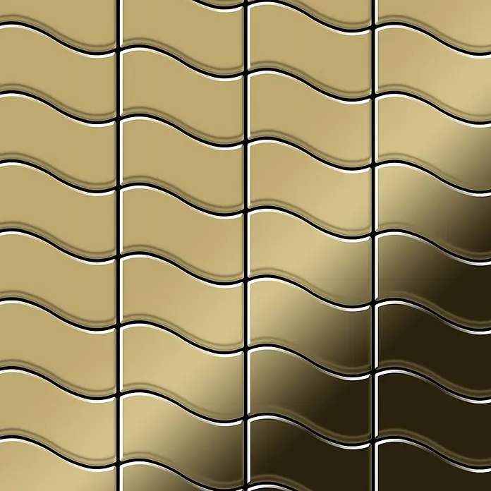 ALLOY Mosaikfliese Mosaik Fliese massiv Metall Titan hochglänzend gold 1,6mm stark Flux-Ti-GM - 318 x 305 mm, Gold, Hochglänzend - Glänzende, wellenförmige Rechteckfliesen in einem Farbverlauf von Goldbeige zu Dunkelbraun, die ein 3D-Mosaikmuster bilden.